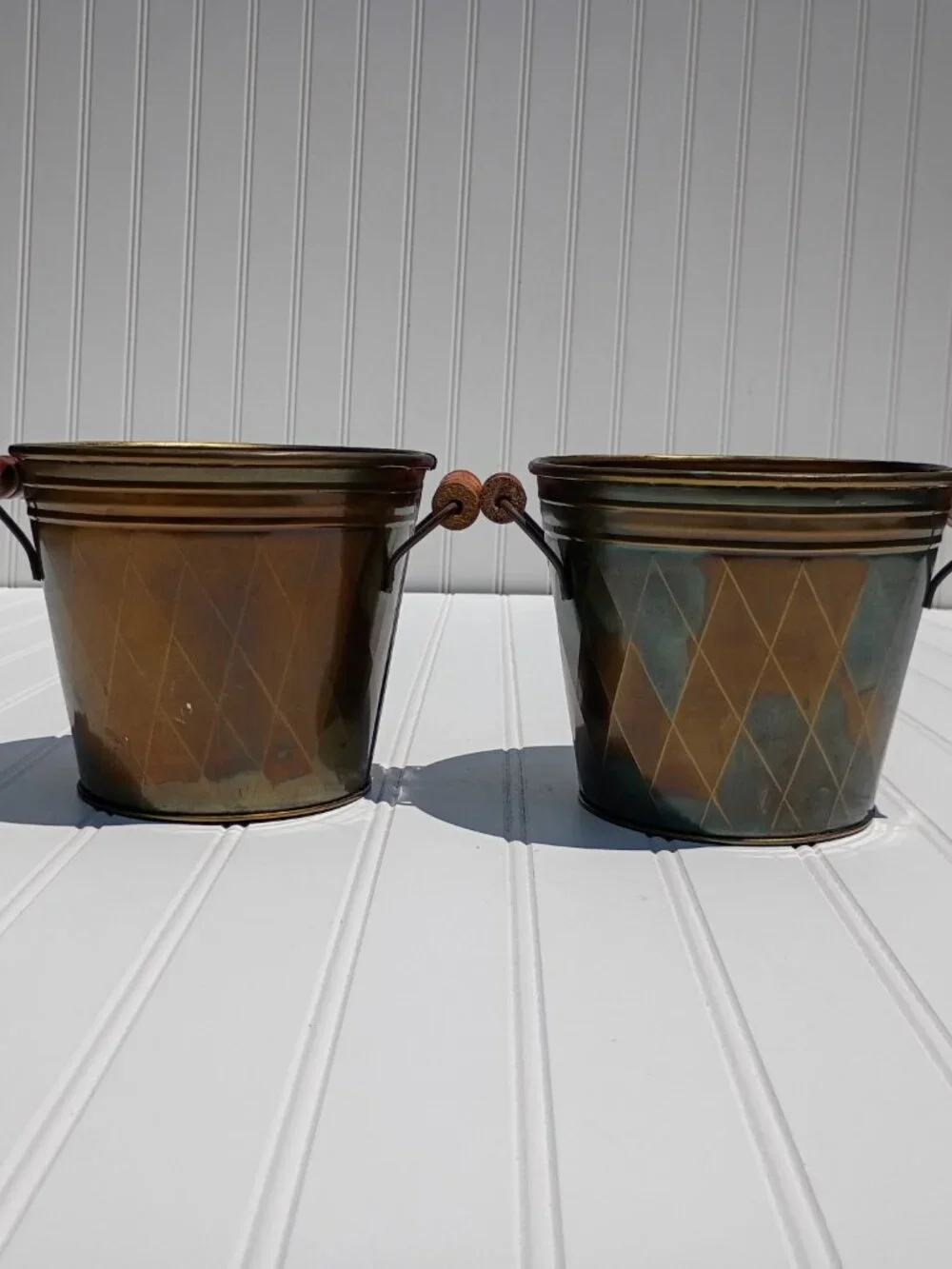 Vintage Brass Planters with Wooden Handles Set of 2 Diamond Pattern Pot Cachepot